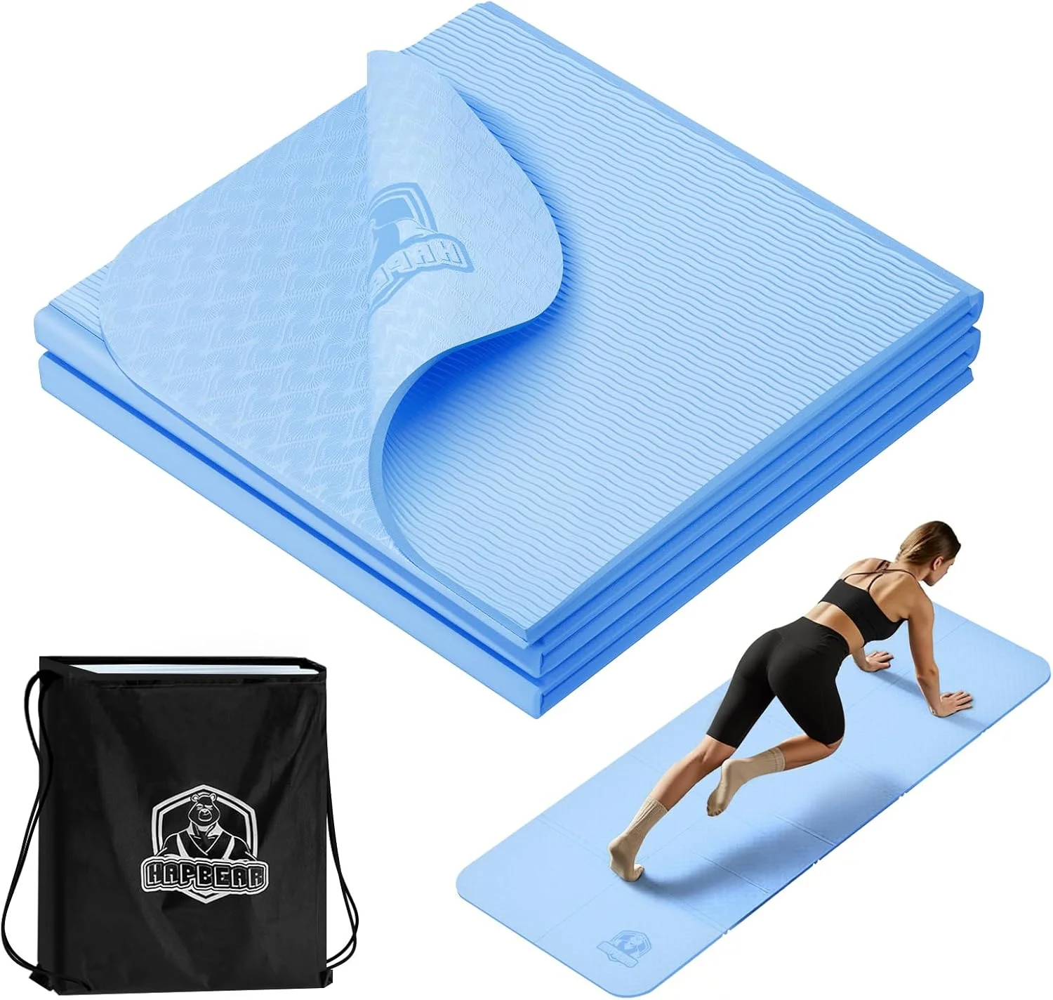HAPBEAR Yoga Mat 72"x24"x6mm Foldable TPE, Double Sided Non Slip Portable Travel Exercise Mat, Latex Free Eco Friendly Cushioned for Yoga Pilates Stretching Home Office with Carry Bag