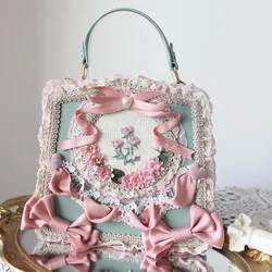 Vintage Victorian Lolita Bags Women Elegant Bow Flower Lace Embroidery Handbag Cosplay Palace Princess Tea Party Messenger Bag