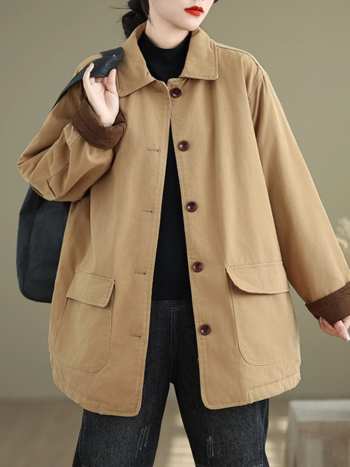 

Корейская и японская хлопковая куртка женская, утепленная, средней длины, в стиле рабочей одежды, с винтажным воротником, для повседневной носки, с длинными рукавами