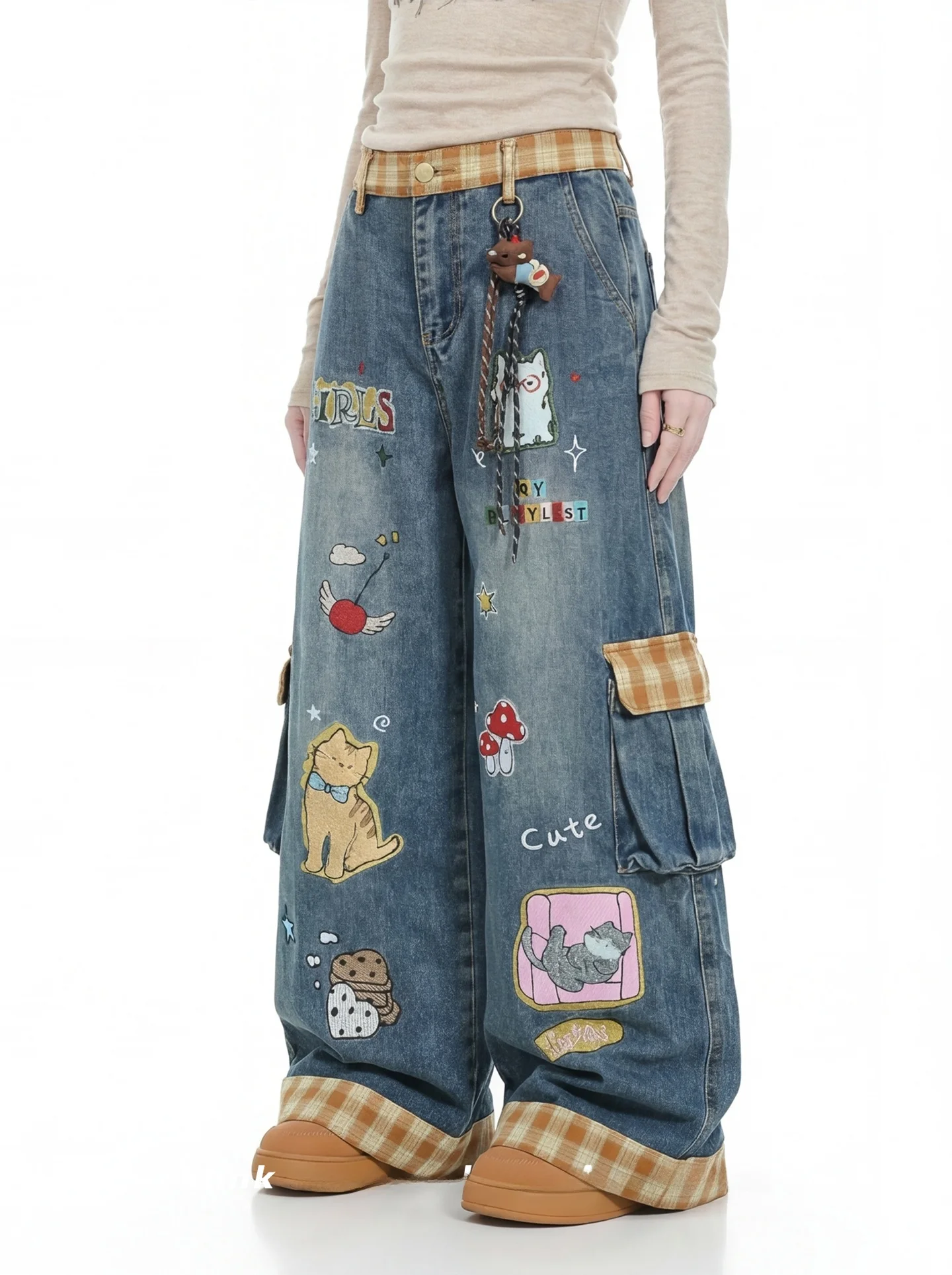 

Casual American Street Style Embroidered Denim Pants Women Loose Wide Leg Pants Patchwork Fake Two-Piece Casual Long Pants