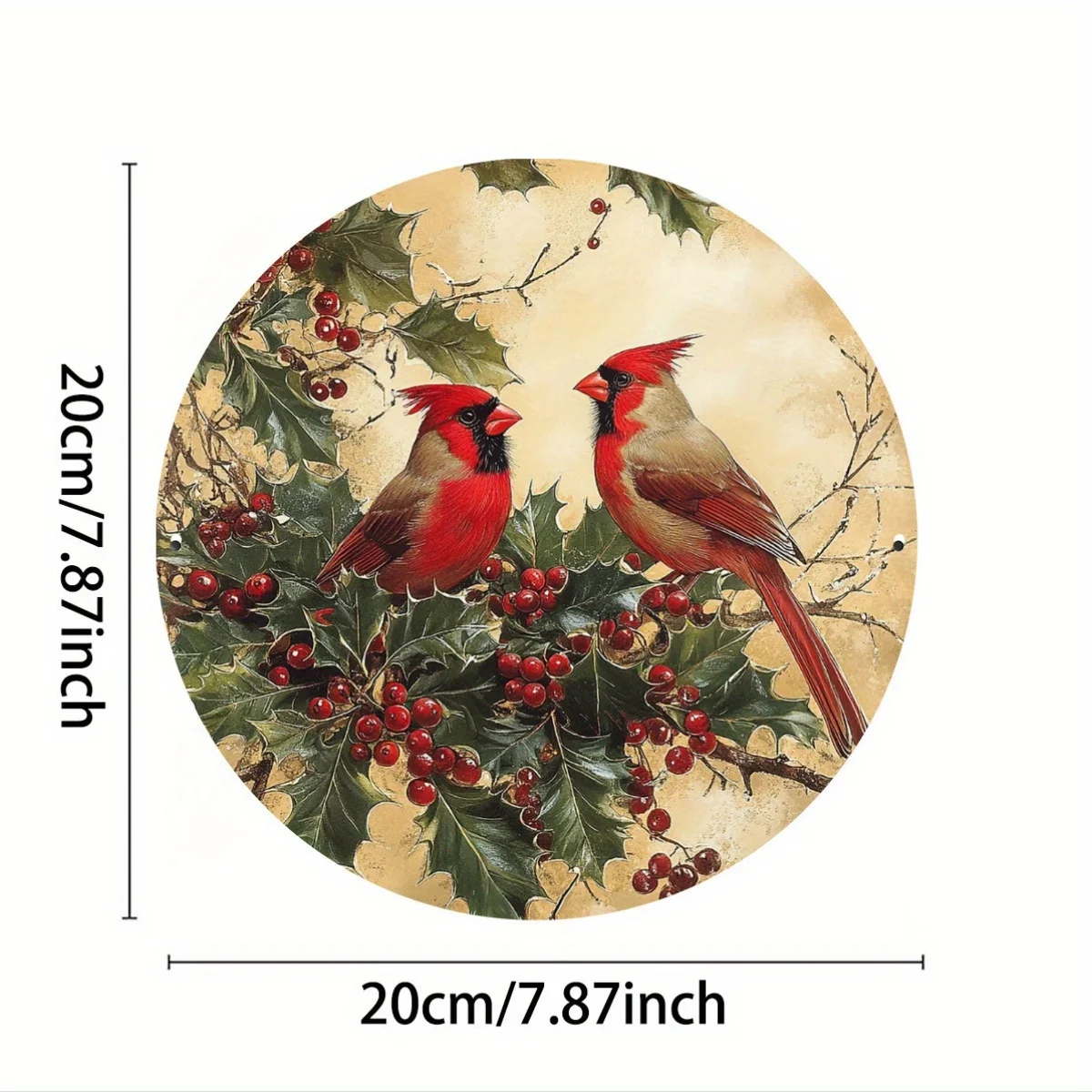 A Wall Hanging Decorated with a North American Cardinal And Holly Berries, Featuring a Round Metal Plaque, Suitable for Decorati