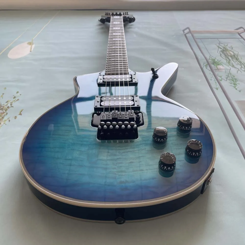 6-string 22-fret tiger stripe electric guitar; blue gradient color; dual pickups; stage rock; beginner starter; budget-friendly