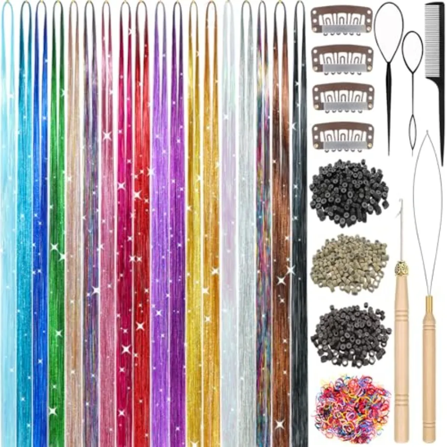 

Hair Tinsel for daily use and festivals, heat-resistant polyester, 18 colors, shiny fairy hair accessories for girls, kids, wom