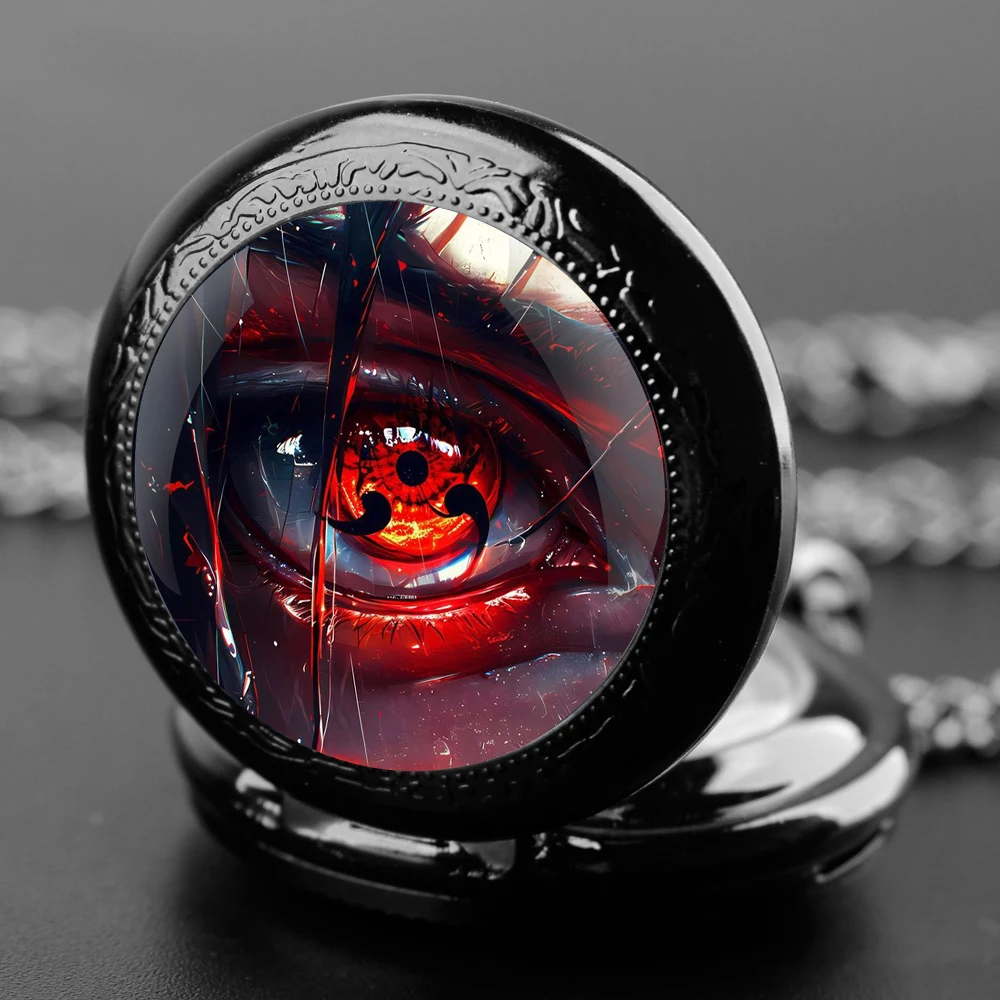 The Bloodeye Design Glass Dome Black Quartz Pocket Watch With Durable Chain Arabic Numeral Dial For Men And Women Creative Gifts