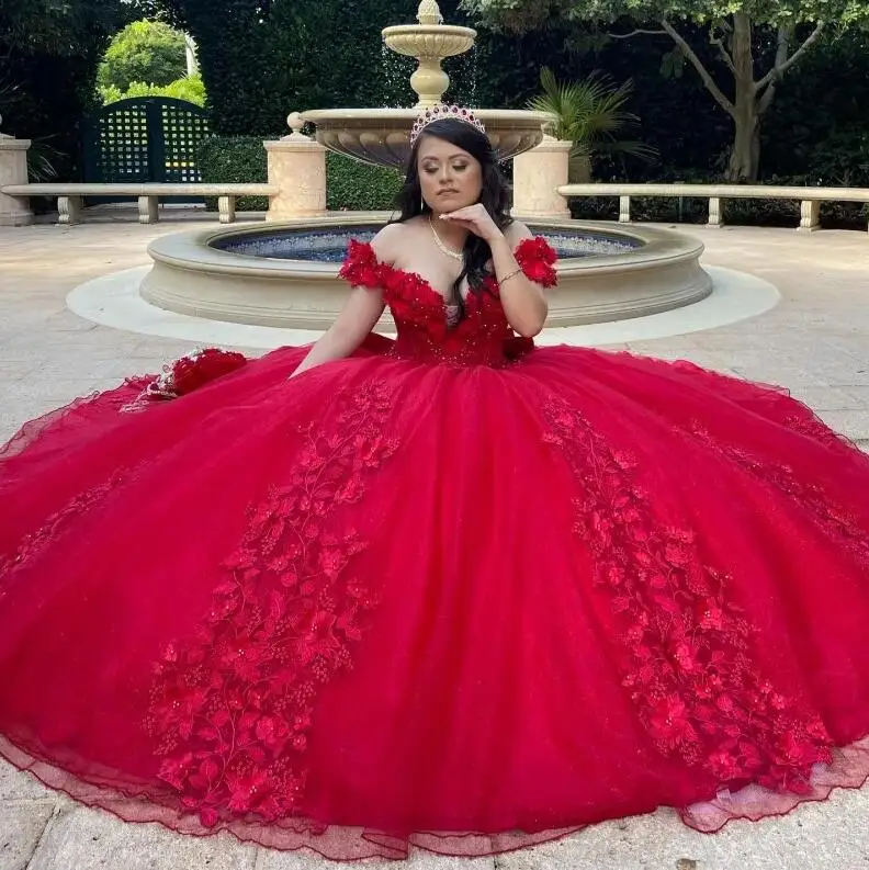 Luxury Red Quinceaneras 2024 Ball Gowns Quinceanera Dresses Beaded 3DFlower Tull Vestidos De 15 Anos Birthday Rhinestones