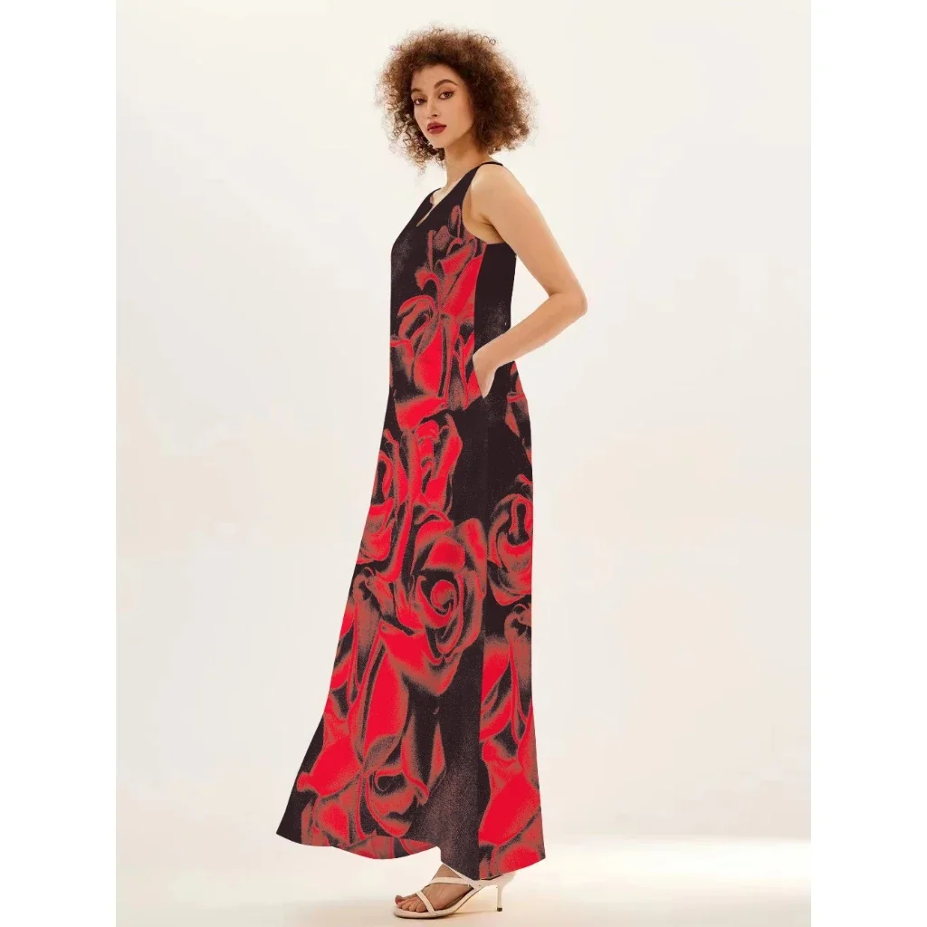 Women Romantic Red Rose Print Long Dresses For Women V-Neck Pocket Long Sleeveless Tank Dress