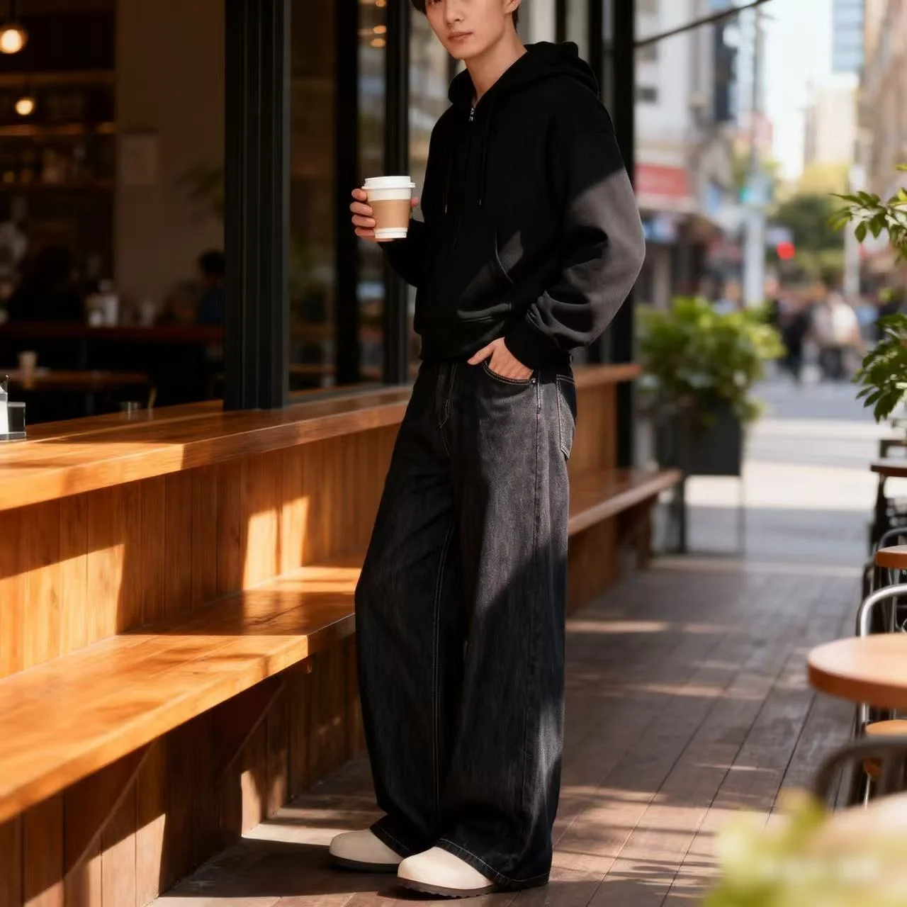 Primavera e outono nova cor básica não desbotada solta e resistente ao desgaste perna reta solta casual perna larga estilo neutro jeans