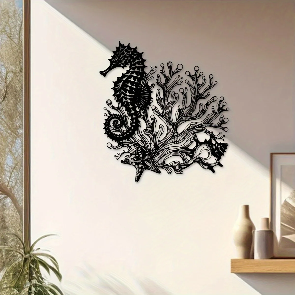 1-Piece Set, Large Metal Seahorse Wall Art Sculpture, Beach Cottage Coastal Decoration, Marine Life Sculpture, Coral Reef Starfish Ocean Artwork, Nautical Art, Housewarming/Wedding/Christmas/Holiday Decoration Gift (15.75* 14.49inch)