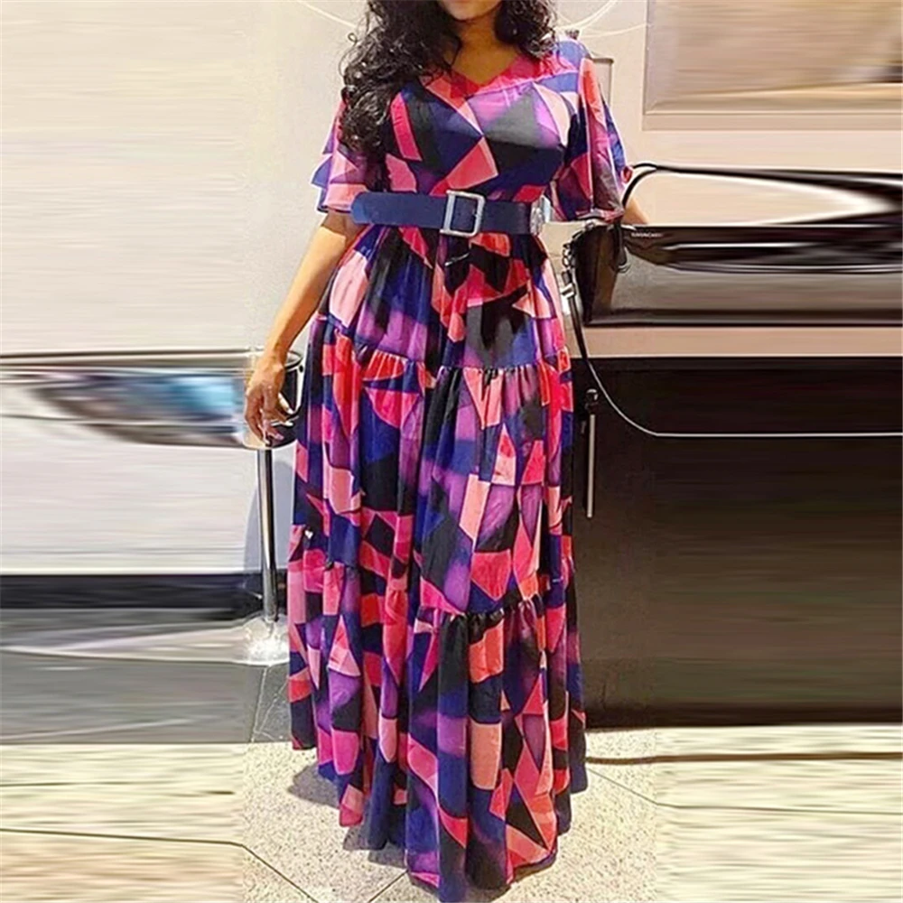 MD African Dresses For Women Traditional Dashiki Print Maxi Robe Short Sleeve Chiffon Dress Dubai Turkey Kaftan Ankara Wears