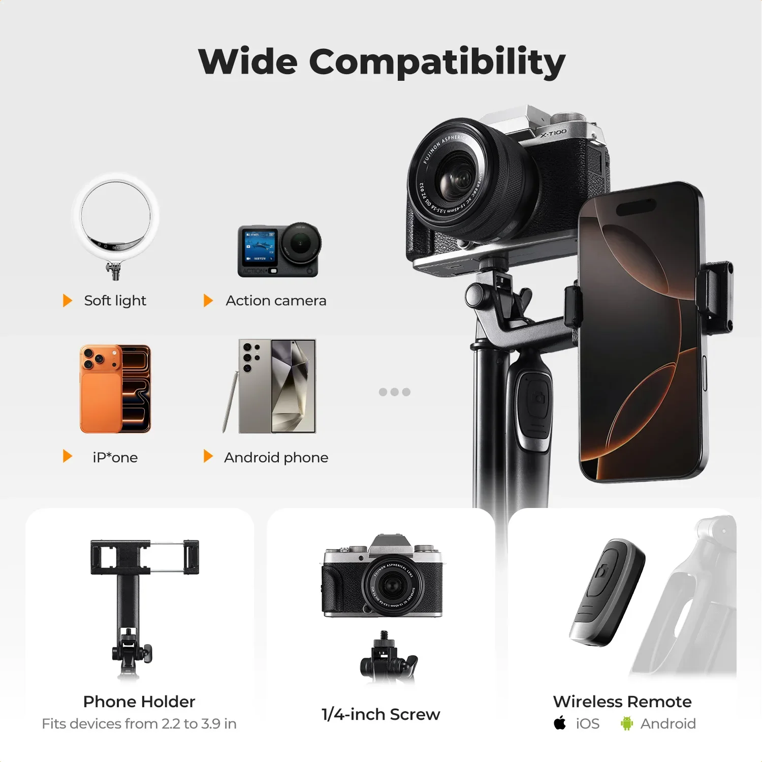 K&F CONCEPT 71 Calowy Teleskopowy Selfie Stick z Trójnogiem dla iPhone Samsung Xiaomi Kamery Akcji z Bezprzewodowym Pultem Dysta — zdjęcie produktu 2