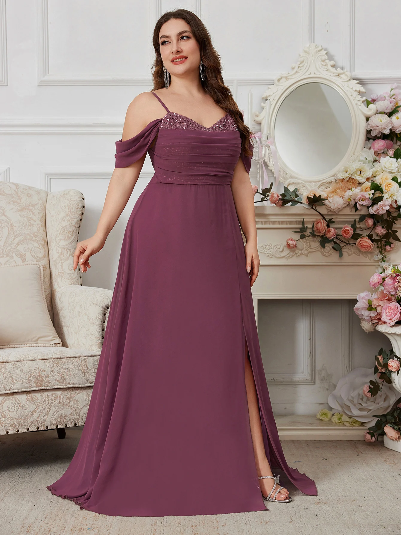 UNITHORSE Plus Size Backless Slit Dress With Sequin, Heart Neck Pleated Front, Recycled Fabric, Earth-Friendly Women's Dress view 5