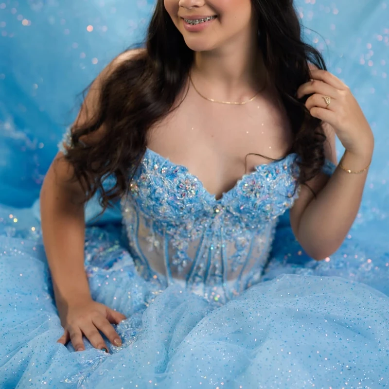 Blue Shiny Ball Gown Quinceanera Dresses Applique Lace Beading Crystal Bow Tiered Tull Corset Off The Shoulder Sweet 16 Dress