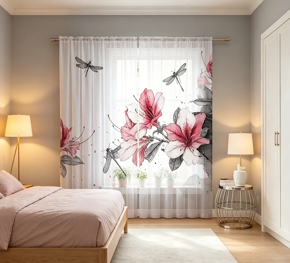 2PCS Digital Print Sheer Curtains, Red Iris Dragonfly Pattern, Natural Pastoral Style for Living Room Bedroom Window Decor