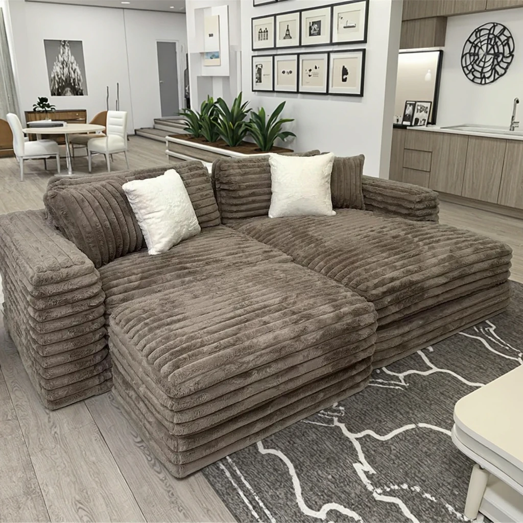 #High Quality Three-Seat Modular Sectional Sofa Couch Set Customized American Thick Striped Corduroy Upholstered for Apartments