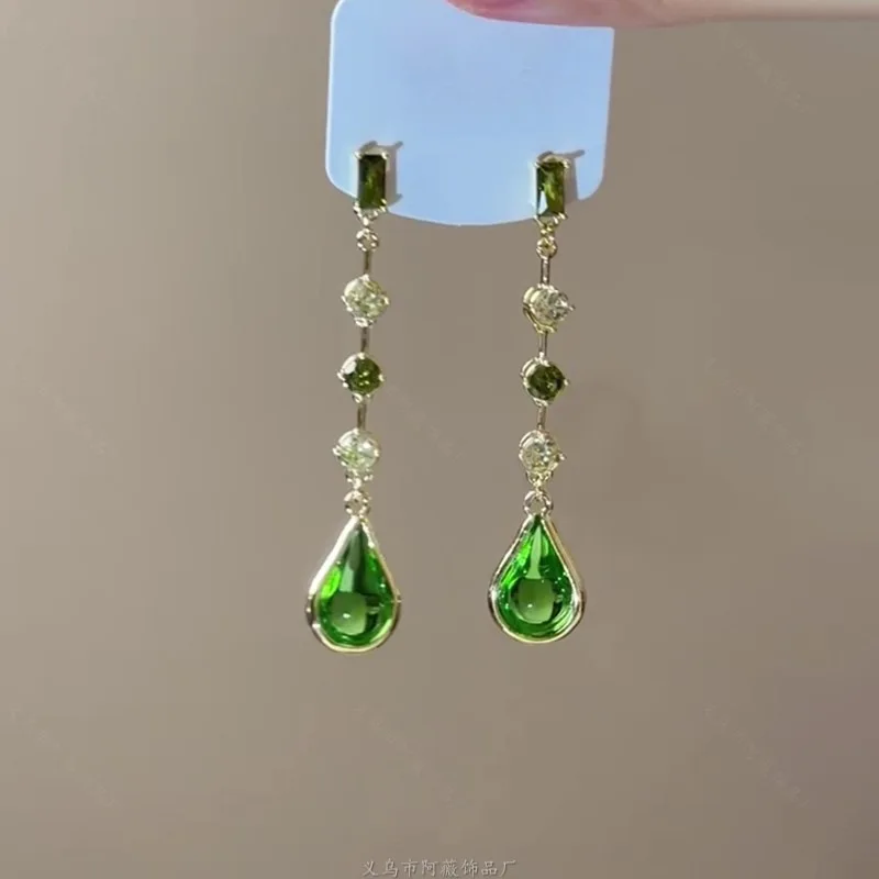 Forest Style Green Water Drop Gem Tassel Earrings For Women Trendy Zircon Ears Accessories Jewelry Casual Party Wear Girls Gifts