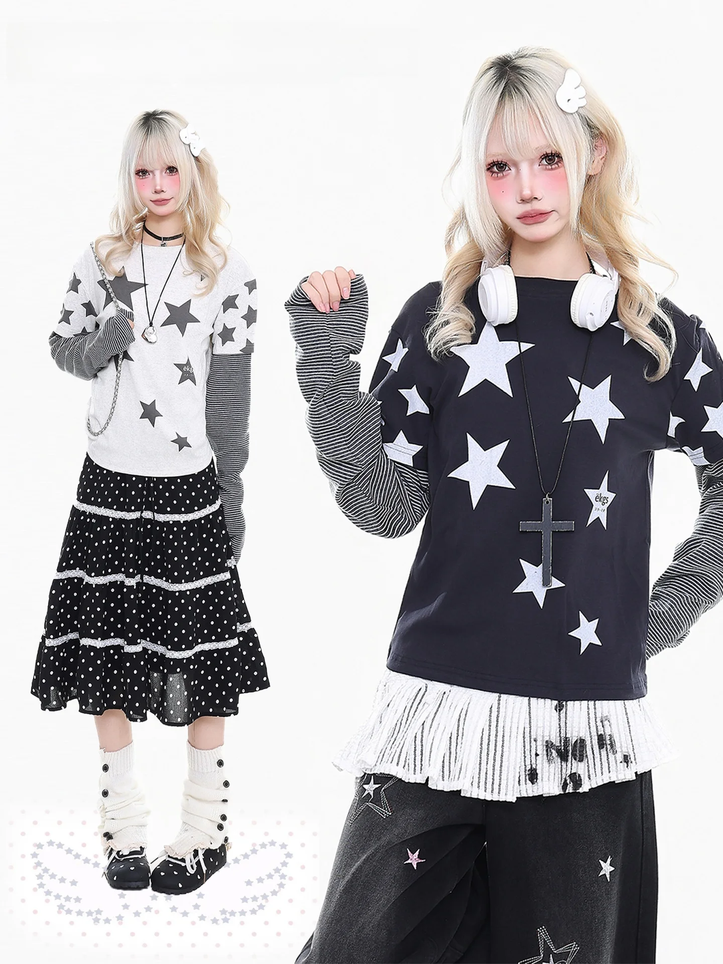 

Orange Marmalade YO Subculture Star Stripe Patchwork Loose Long Sve T-irt Women Spring Slimming Top Casual Sle round Ne