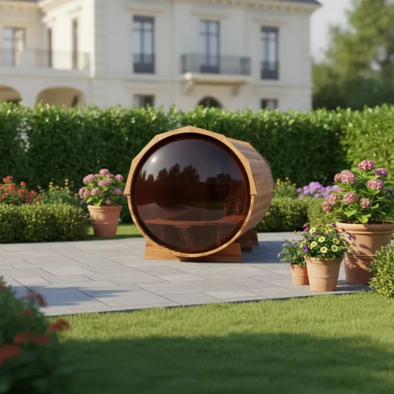 Customized Outdoor Traditional Family Full Body Panoramic Barrel Sauna with Brown Glass Door Modern Solid Wood Steam Sauna