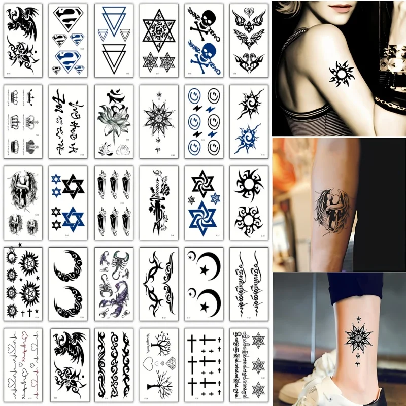 30pcs Waterproof Temporary Tattoo Scorpion Triangle Cross Totem Fake Tattoo Stickers for Men Boys Back Chest  Forearm Shoulder