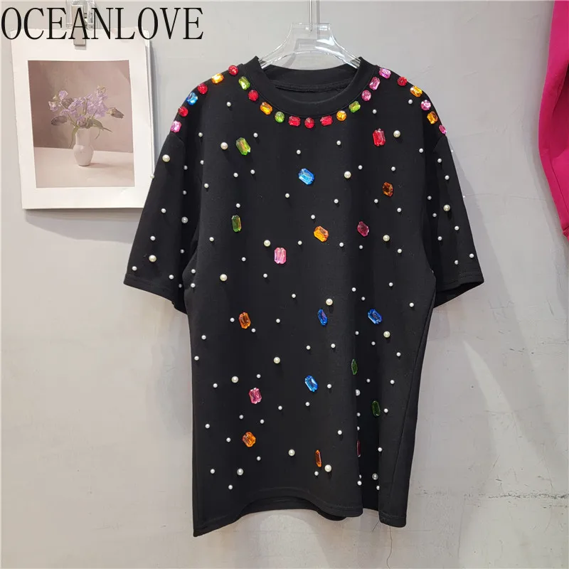 OCEANLOVEbeading Colorful Rhinestones T Shirt for Women Spring Summer Vintage Ropa De Mujer Loose Fashion Solid Camisetas