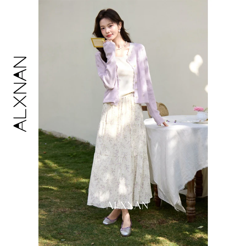 ALXNAN Apricot Floral Midi Skirt 2026 Spring High Waist Long A-line Women's Skirts Elastic Waist Elegant Female Clothing L61613