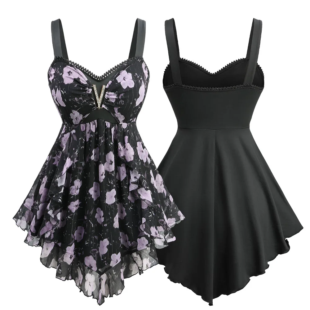 

ROSEGAL женский жилет больших размеров с черным V-образным вырезом и кружевной отделкой, асимметричная майка, одежда для женщин, удобная повседневная одежда