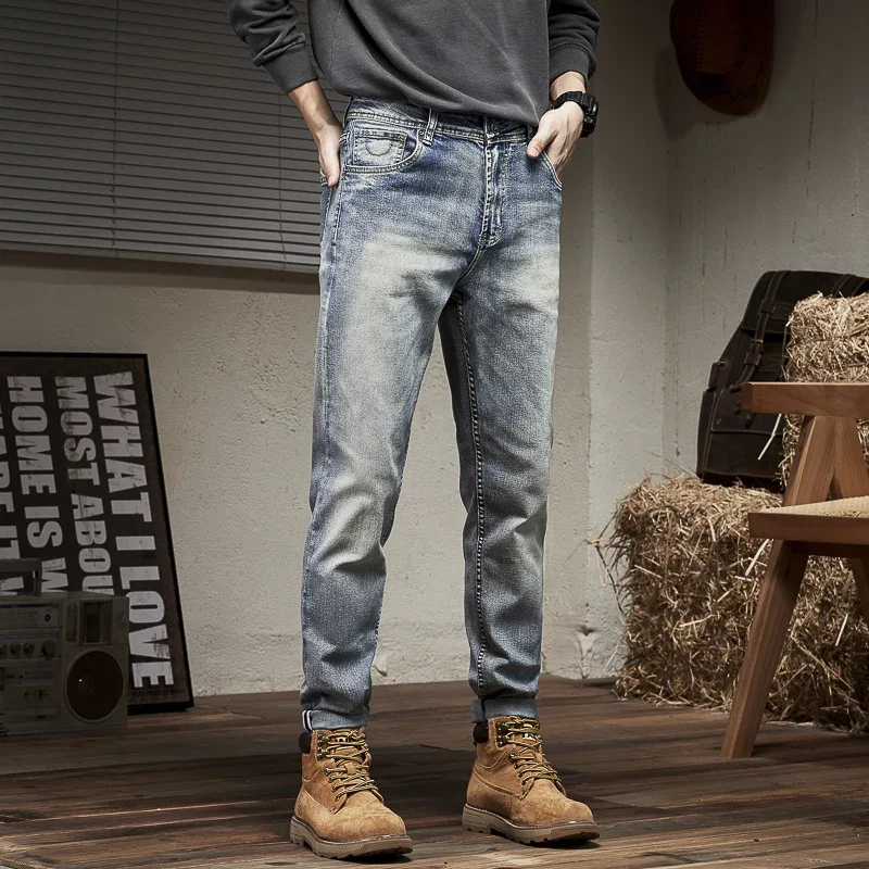 European and American retro elastic jeans men\'s slim straight leg pants mens jeans skinny jeans men streetwear men