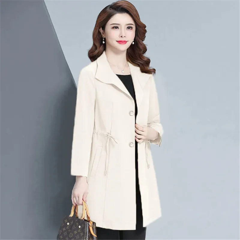 Spring Autumn Mid-Long Windbreakers Women 2023 New Loose Turndown Collar Trench Coat Pure Colour Outerwear Girdle Jacket Female