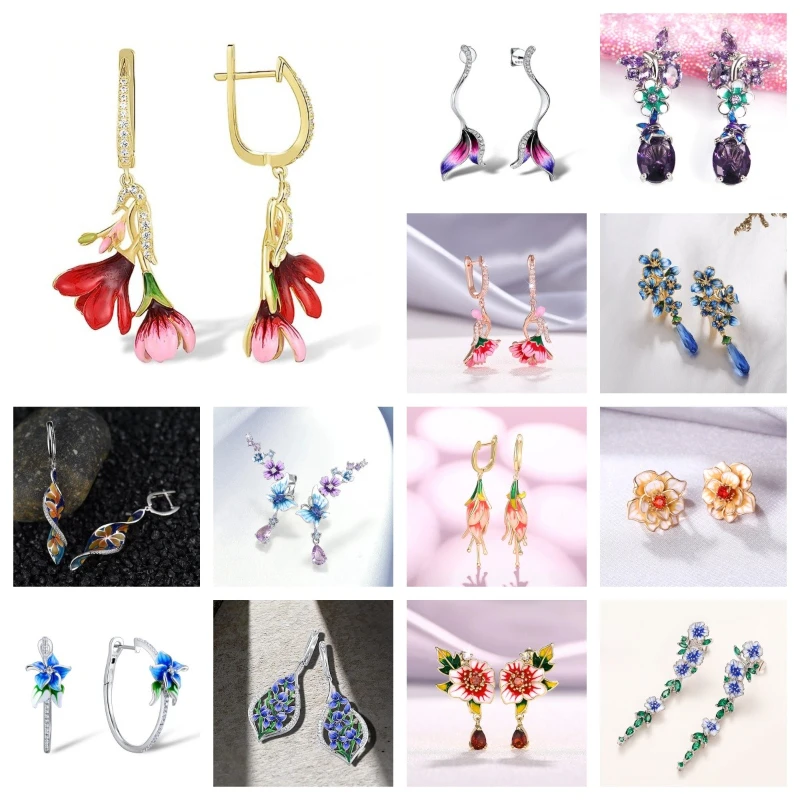 Milan Girl Flower Handmade Enamel Earrings with Droplet Shaped Geometric Design, Fashionable and Elegant Countryside Jewelry