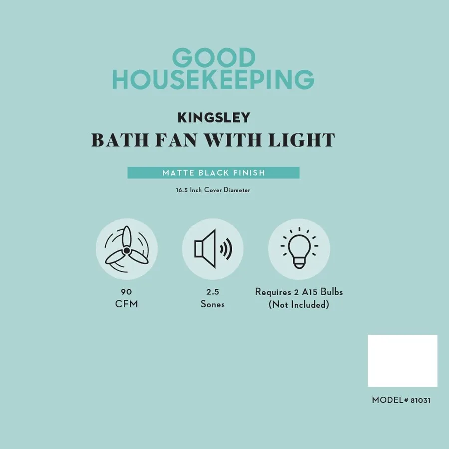 81031 Kingsley ديكور 90 CFM 2.5 Sones مروحة عادم تهوية الحمام مع ضوء أسود غير لامع للحمام الحديث Renovat #6