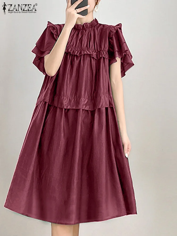 ZANZEA Women Summer Elegant Dress Vintage Pleating Ruffled Mini Robe 2024 Fashion Double Layer Sleeve Vestido Casual Loose Dress