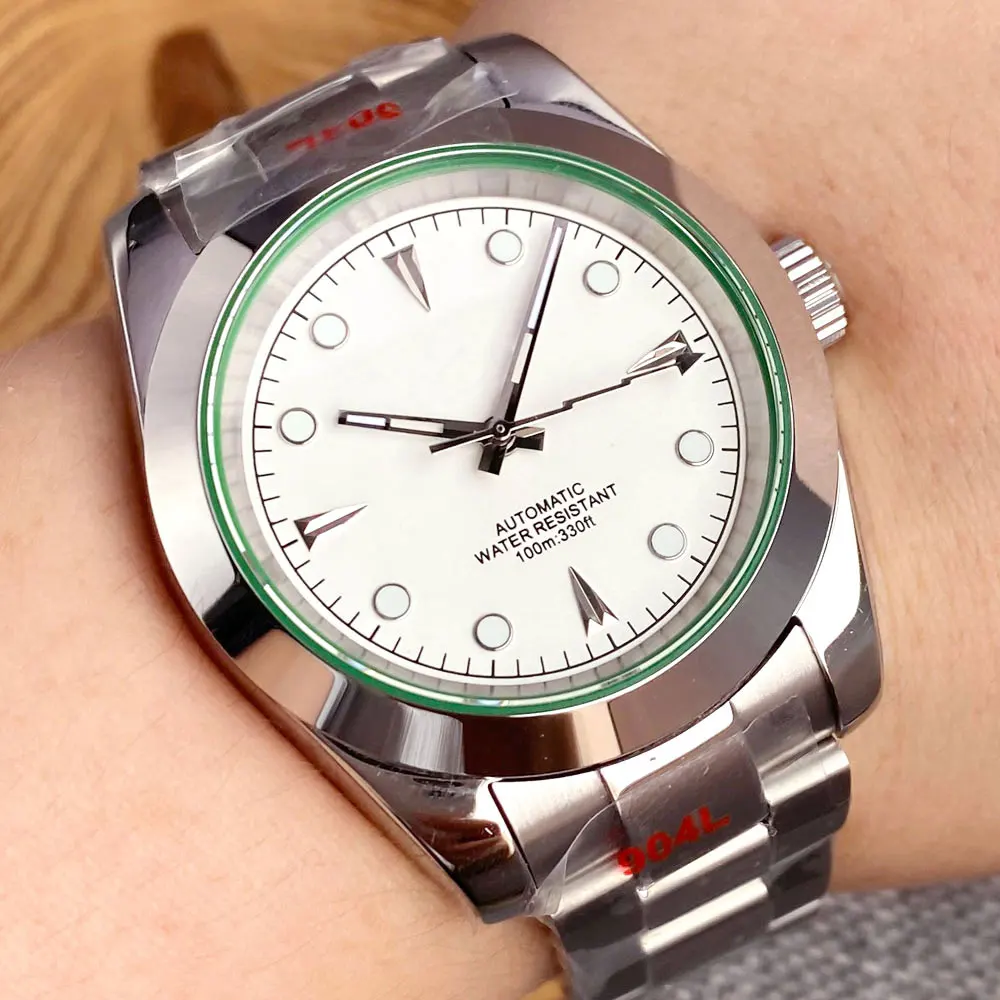 BLIGER NH35 Day 36mm 39mm Steel Mechanical Watch Men Polish Bezel Flash Hand Green Glass Business Bracelet Rejor