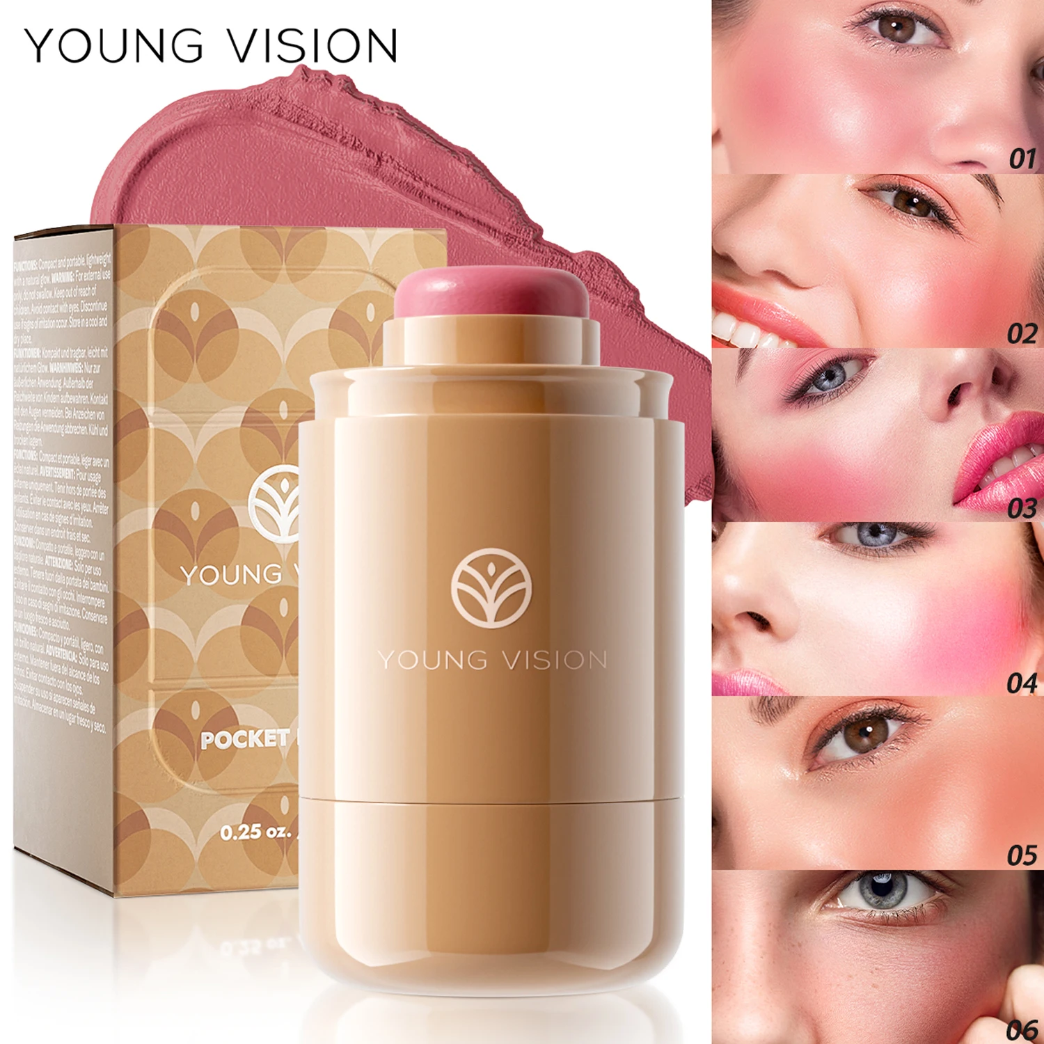 YOUNG VISION 6-color matte finish natural-looking blush stick waterproof lip and cheek dual-use creamy texture blush blusher