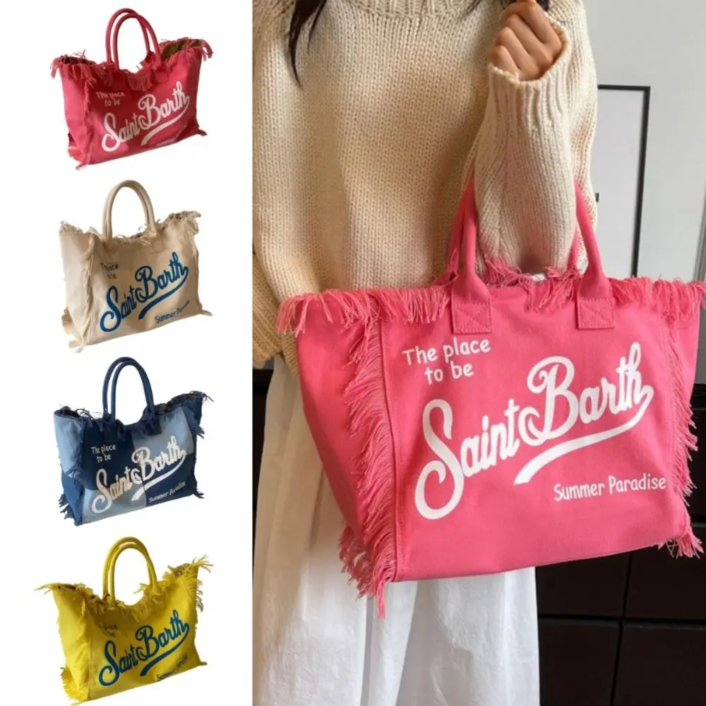 

Tassel Design Women Canvas Bag Large Capacity High Quality Casual Shoulder Bag Letter Simple Style Canvas Handbags Summer