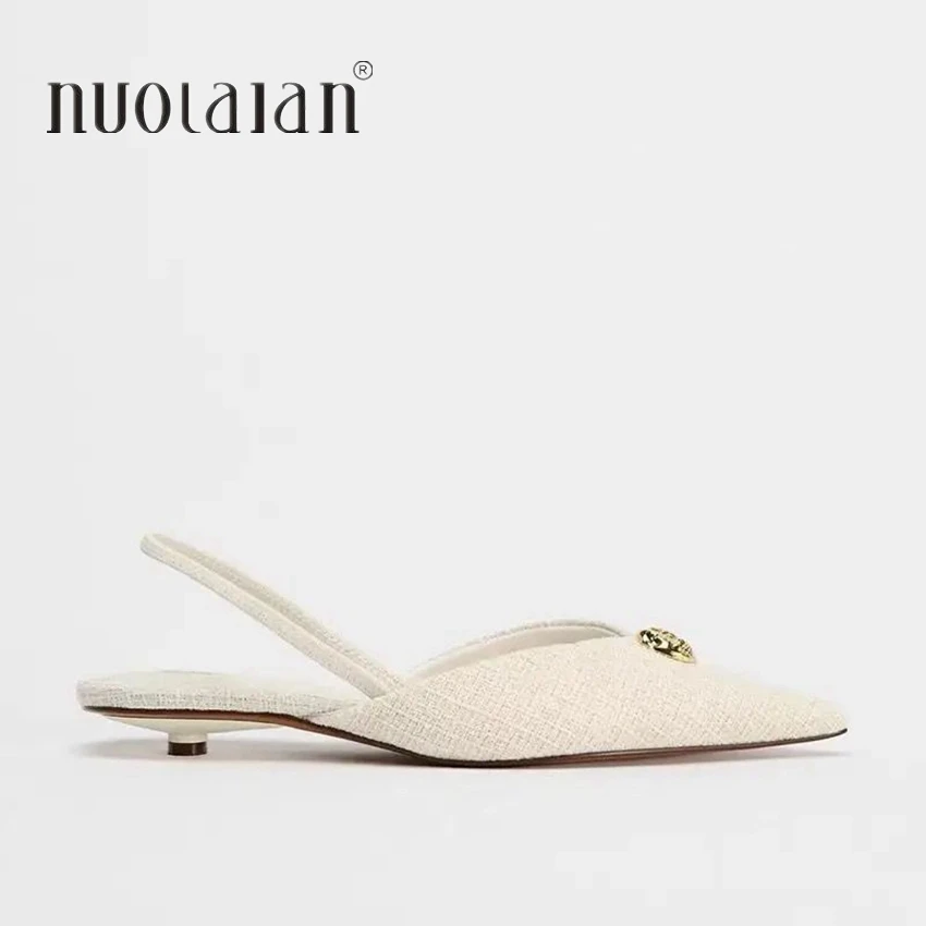 2025 Woman White Fabric High Heels Chic Metal Inlaid Slingback Kitten Heel Shoes Summer Elegant Female Office Low Heels Sandals