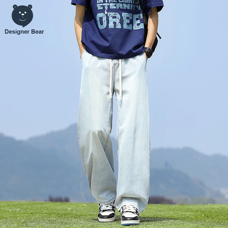 

Brand Clothing Summer Cotton Denim Pants Drawstring Elastic Waist Baggy Wide Leg Straight Floor Length Trousers S-2XL Y2k Ins