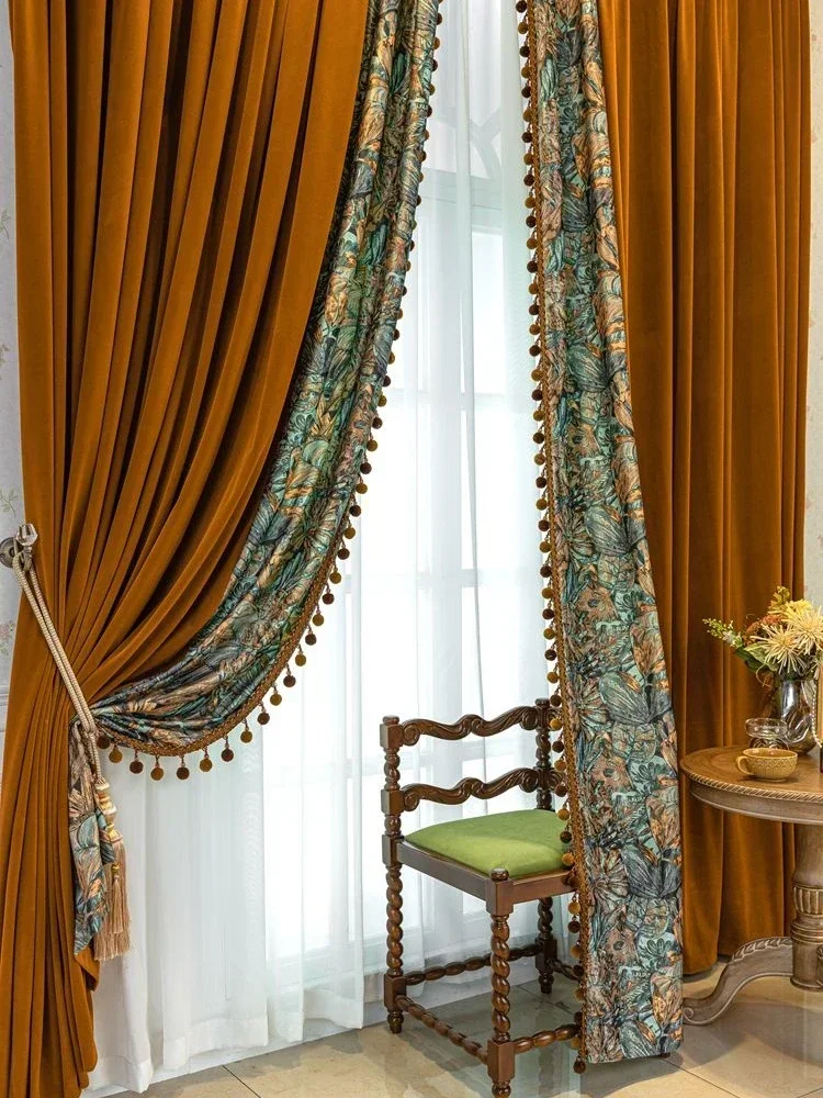 

Американские шторы с принтом под масляную живопись, из карамельного бархата, с утолщенной подкладкой, для гостиной, спальни, французских окон, на заказ