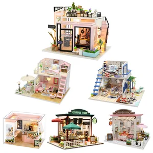 طقم بيت الدمية الخشبي مع الأثاث ، تجميع الألغاز ، ألعاب نموذج البناء ، ضوء كل ساعة ، زخرفة غرفة الاستوديو أفضل 12 دمية مبيعا مع عصا - No9