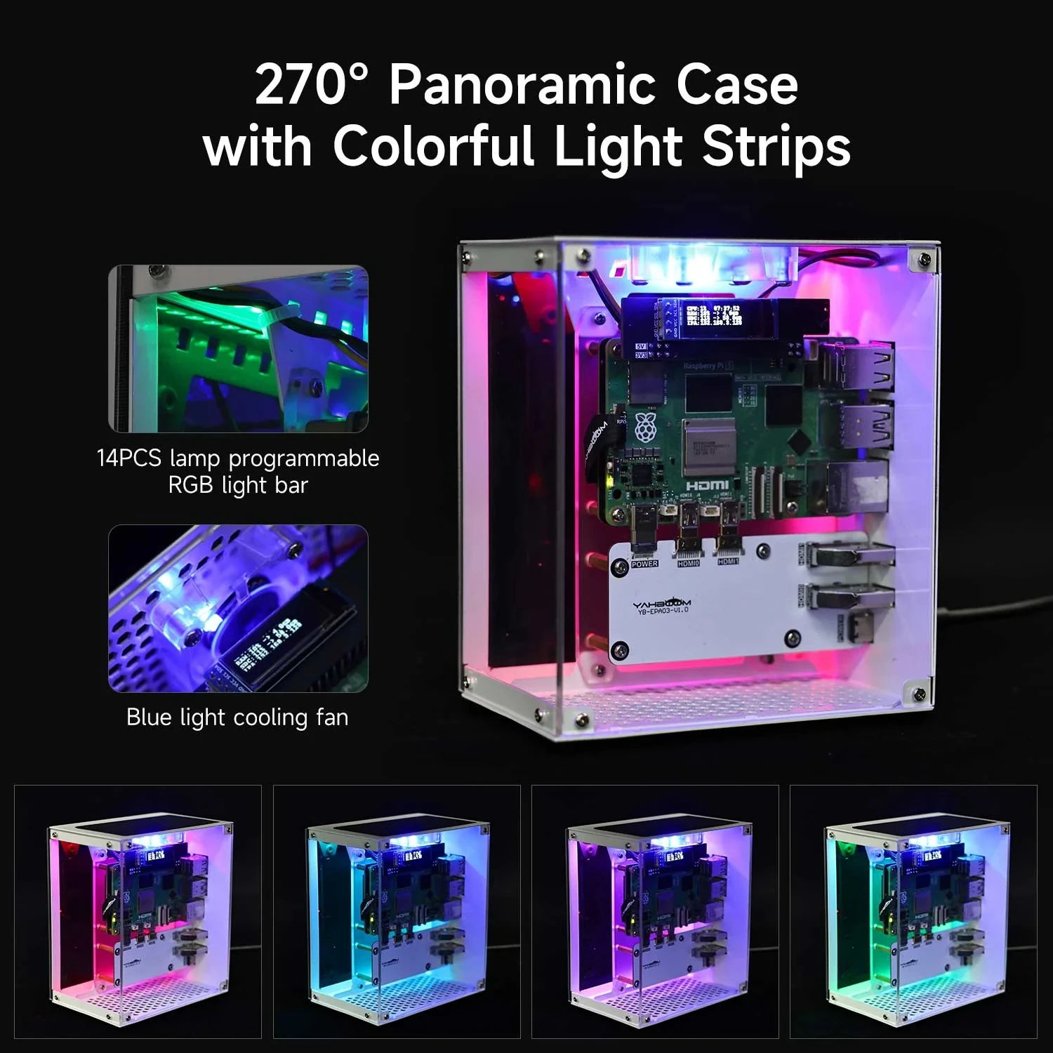 Raspberry Pi 5 CUBE Pi Protective Case with Cooling Fan & RGB Color Light 0.91 inch OLED Dispaly HDMI-compatible Support M.2 SSD