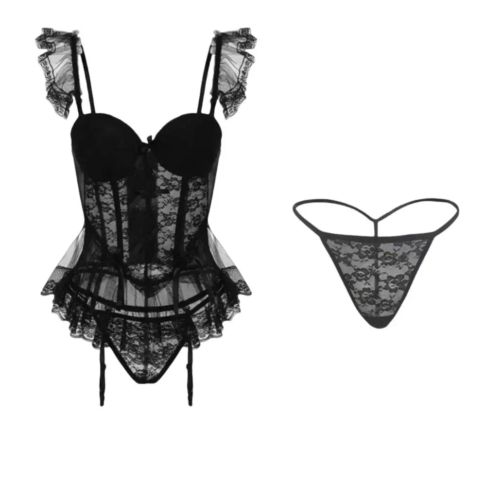 

Sweet Bowknot Lace Lingerie Women Flounce Mesh Lace Sling Nightdress Transparent Nightwear See Through Night Dress Sleep
