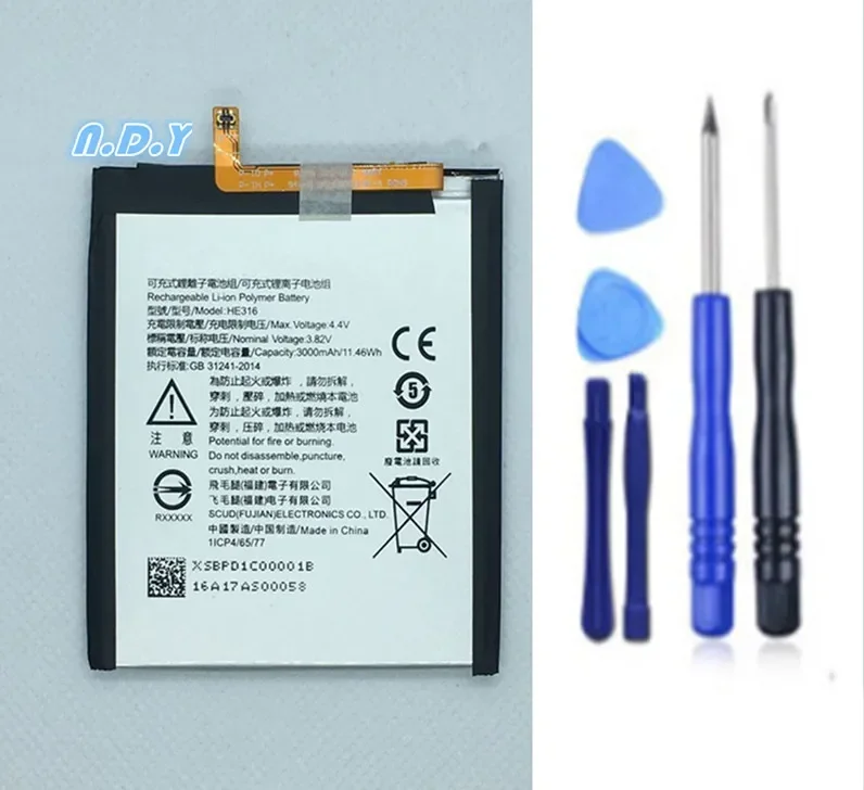 Original  HE316 3000mAh Battery For Nokia 6 Nokia6 N6 TA-1000 TA-1003 TA-1021 TA-1025 TA-1033 TA-1039 + Free Tools