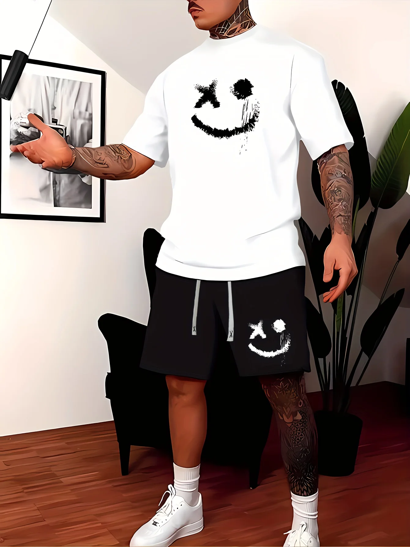 

Summer 2025 new men's casual round-neck top, 3D digital printed smiling face, simple style polyester men's wear