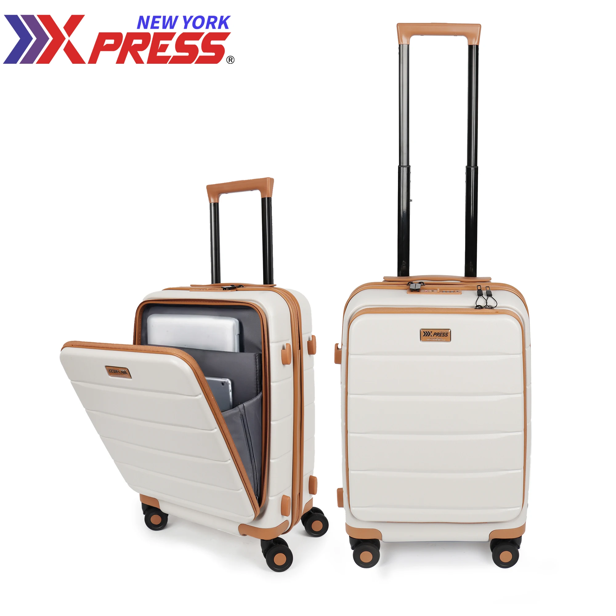 

New Design Front Opening Carry on Luggage Trolley Suitcase with TSA Lock&Mute Spinner Wheels&Portable Hook&Laptop Compartment