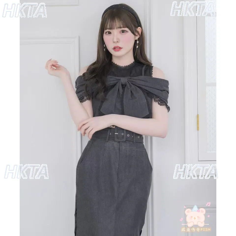 Japanese Mass Produced Daily Commuter Lace Splicing Fishtail Skirts Sweet Bow Off Shoulder Short Top Autumn Lolita Suits Women