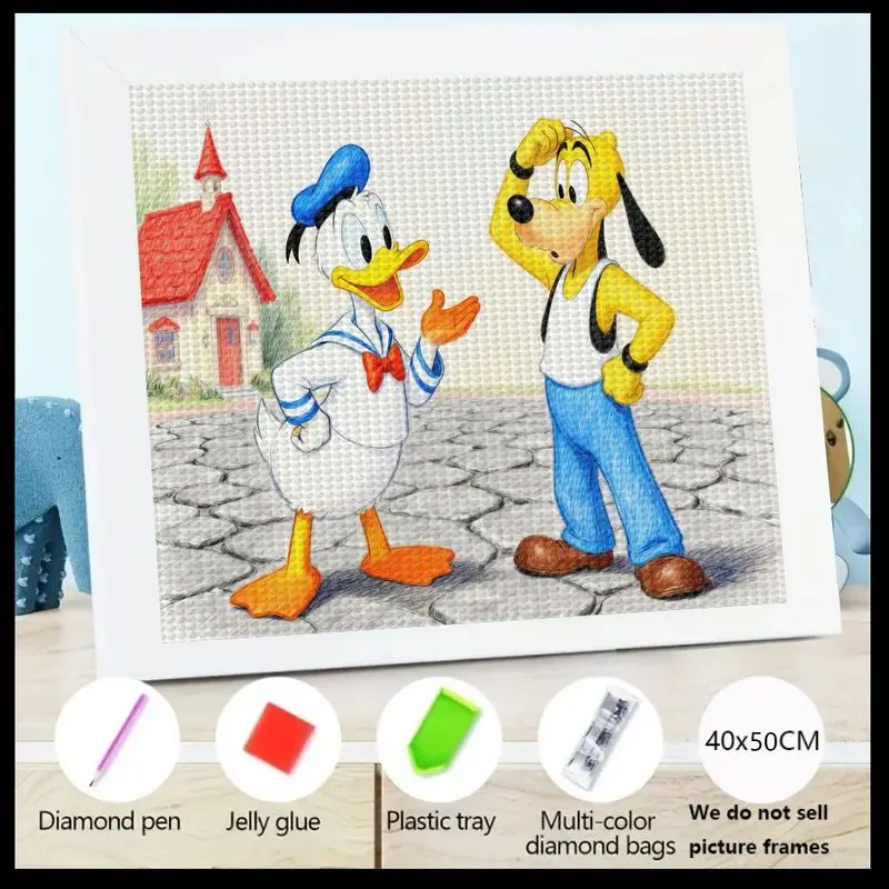 Zestaw do malowania diamentami 5D z pełnym okrągłym wzorem, z motywem kreskówki Disneya - Kaczor Donald i Goofy, zestaw do samodzielnego wykonania haftu z dżetów.