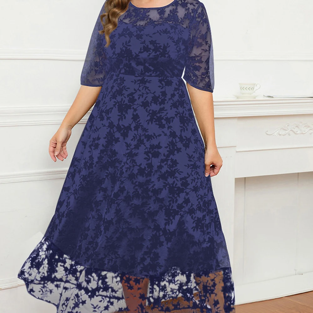 Plus Size Formal Black Lace Flocking Mesh Velvet Double Layer Tunic Maxi Dress Half Sleeve Long Dress