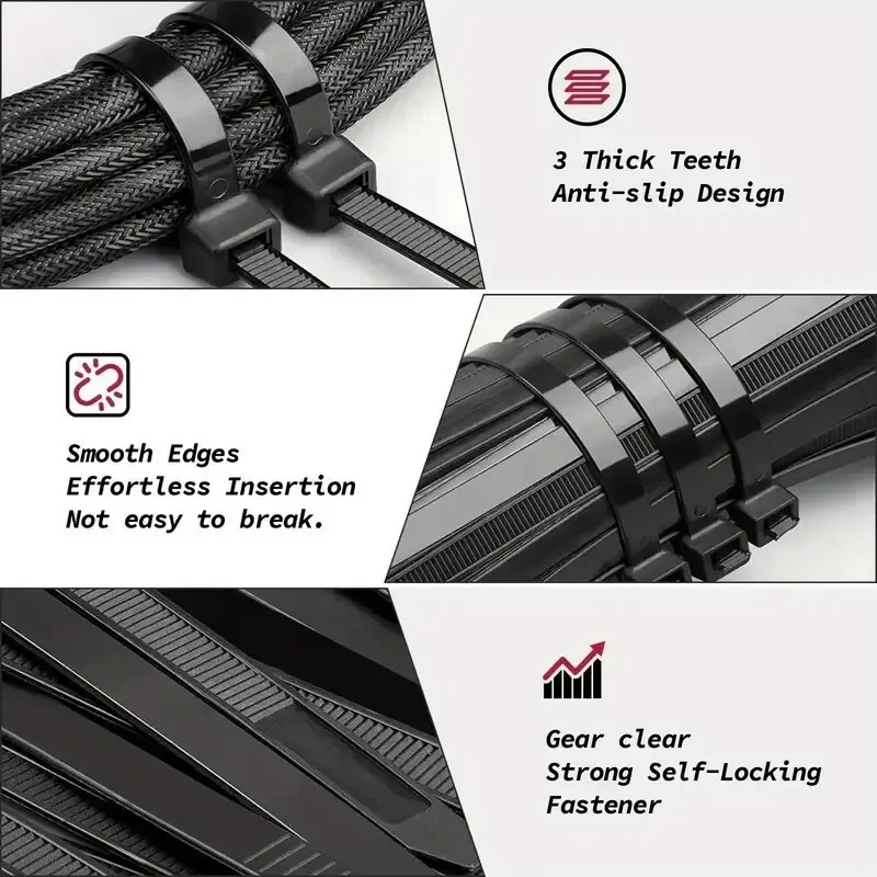 100pcs Multi-size Black Cable Ties. One-click Self-locking Design Ensures Secure Bundling . Without Damaging Items.