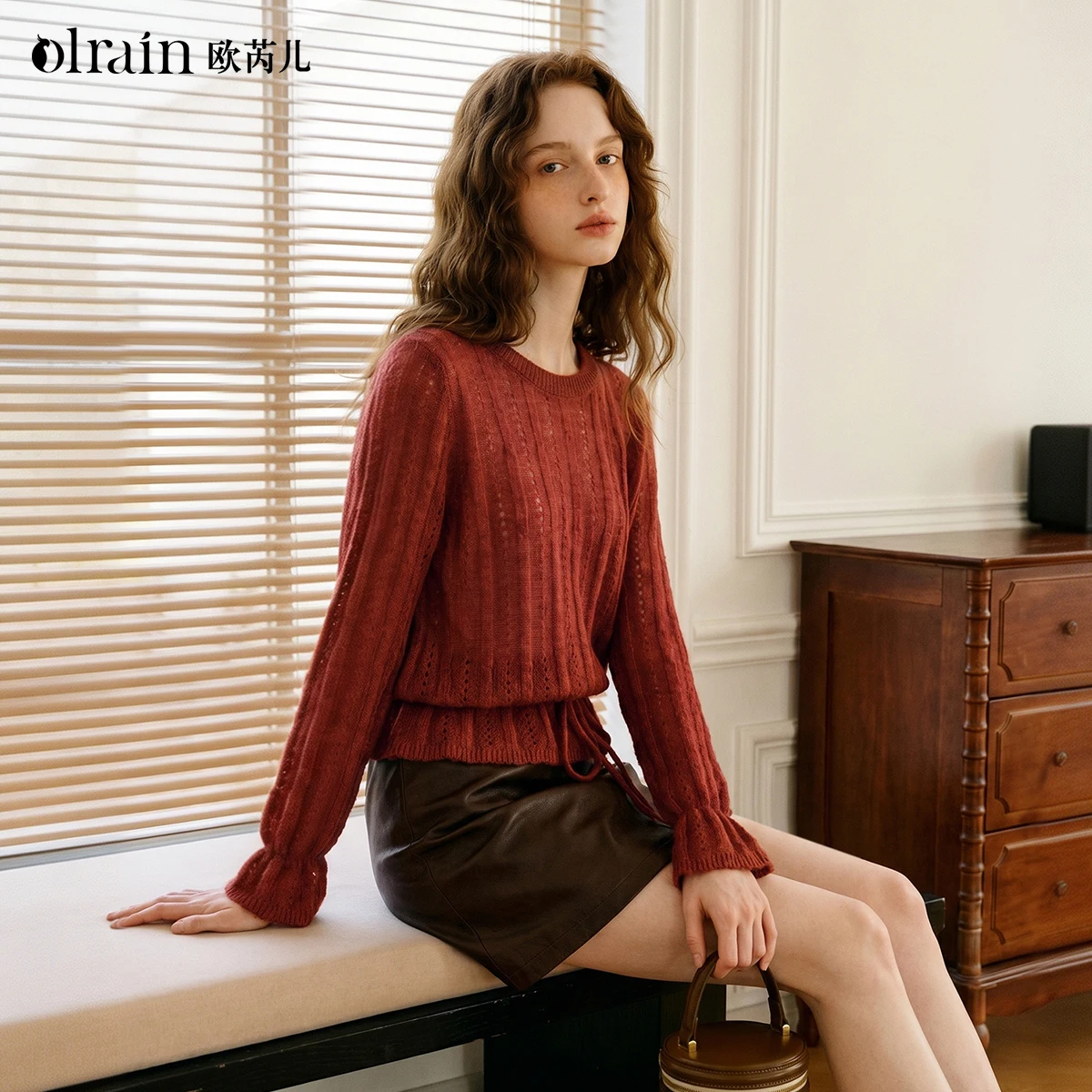 OLrain wool knitted sweater women's 2026 autumn new French retro burgundy hollow texture drawstring waist O58QZ009562