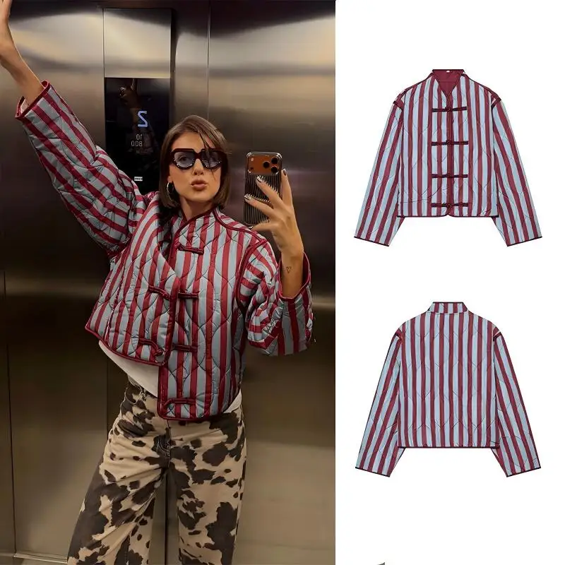 2026 Fall/Winter New Women's Long-Sleeve Striped Napoleon-Style Cotton Jacket, Polyester Fabric, European Style