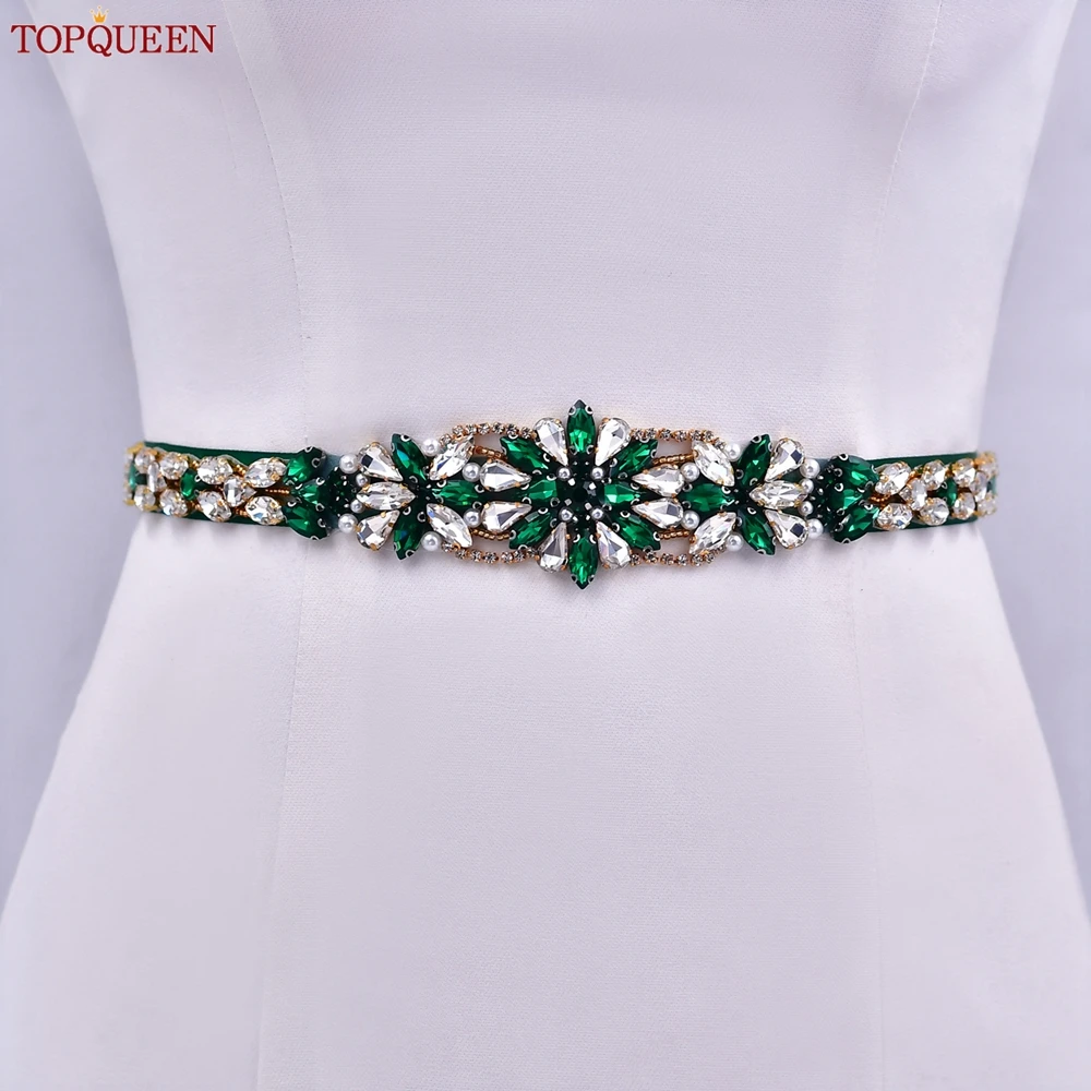 TOPQUEEN Wedding Belt Pearl Bridal Sash Rhinestone Wedding Dress Belt Green Gemstone Applique Woman Waist Decoration S131-KL