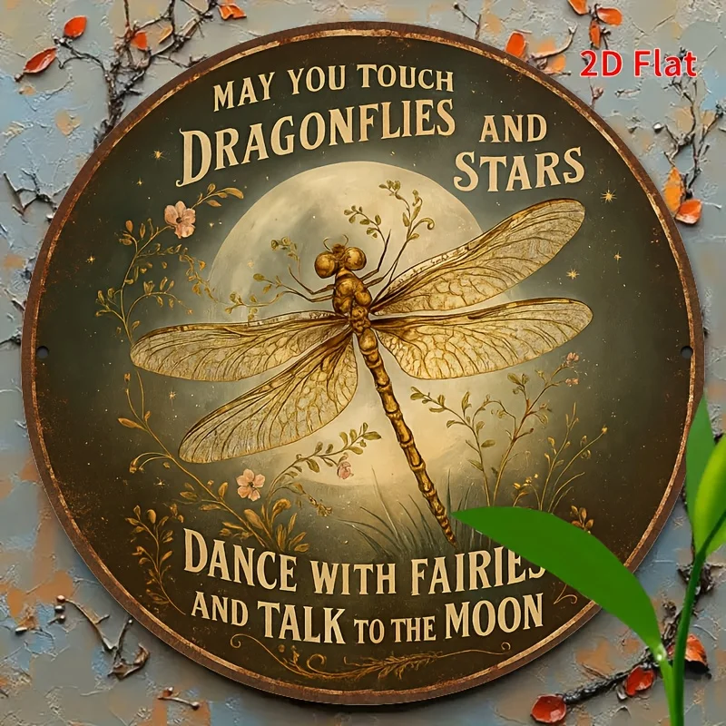 [2D Flat]1pc8 X 8inch (20 X 20cm) Vintage Victorian Metal Tin Sign - Whimsical Dragonfly & Floral Design with Enchanted Night Sk